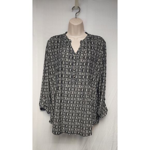 Westport Women’s Tunic Top Notched V-neck Blouse Boho Floral Black/White Size L - Picture 2 of 7